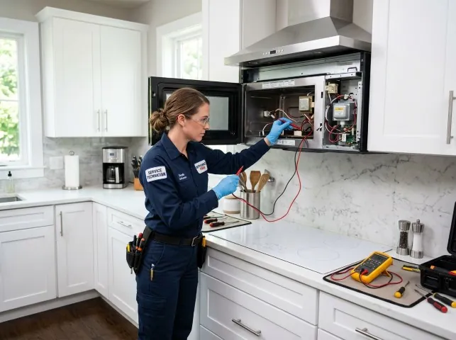 Appliance Repair Hero technician testing an over-the-range microwave in a Bunola, PA kitchen